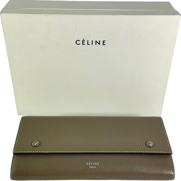 CELINE Taupe Leather Large Flap Multifunction Women's Long Wallet Made in Italy - Picture 1 of 15